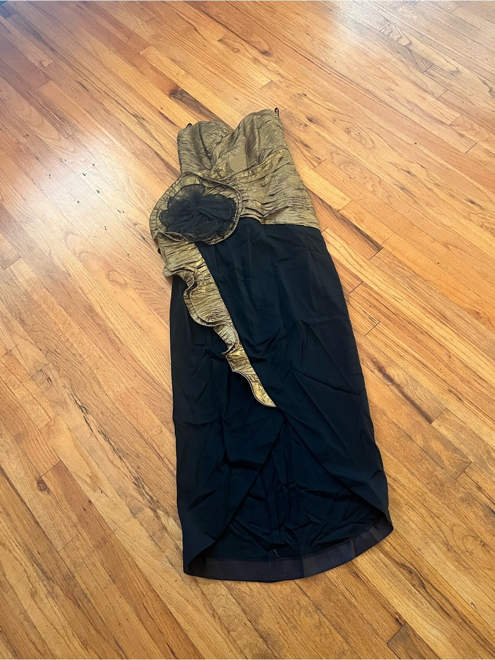 Vintage Strapless Black Dress with Gold Bodice